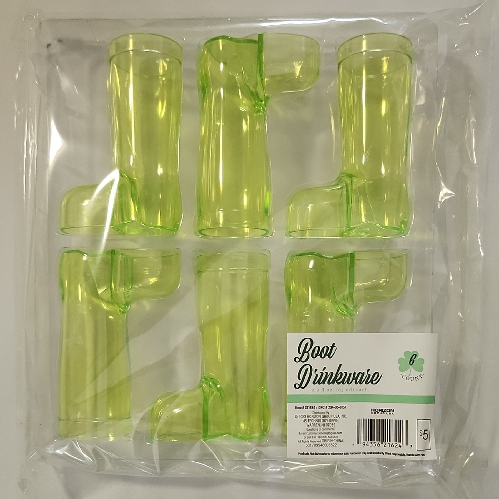 St. Paddy's Green Leprechaun Boot Drinkware Shooter Plastic Shot Glass Set Of 6